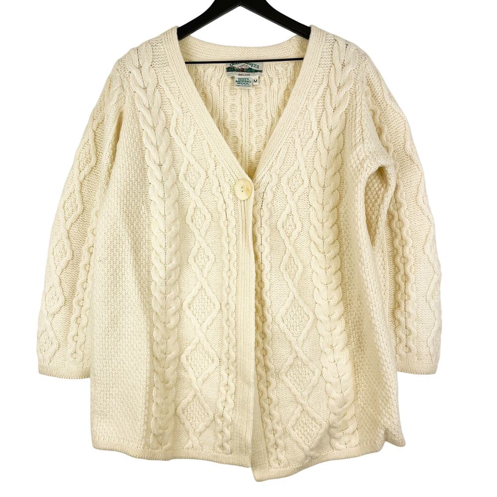 Aran Crafts Ireland Mens Merino Wool Knit Cardigan Sweater Knit Cream - M